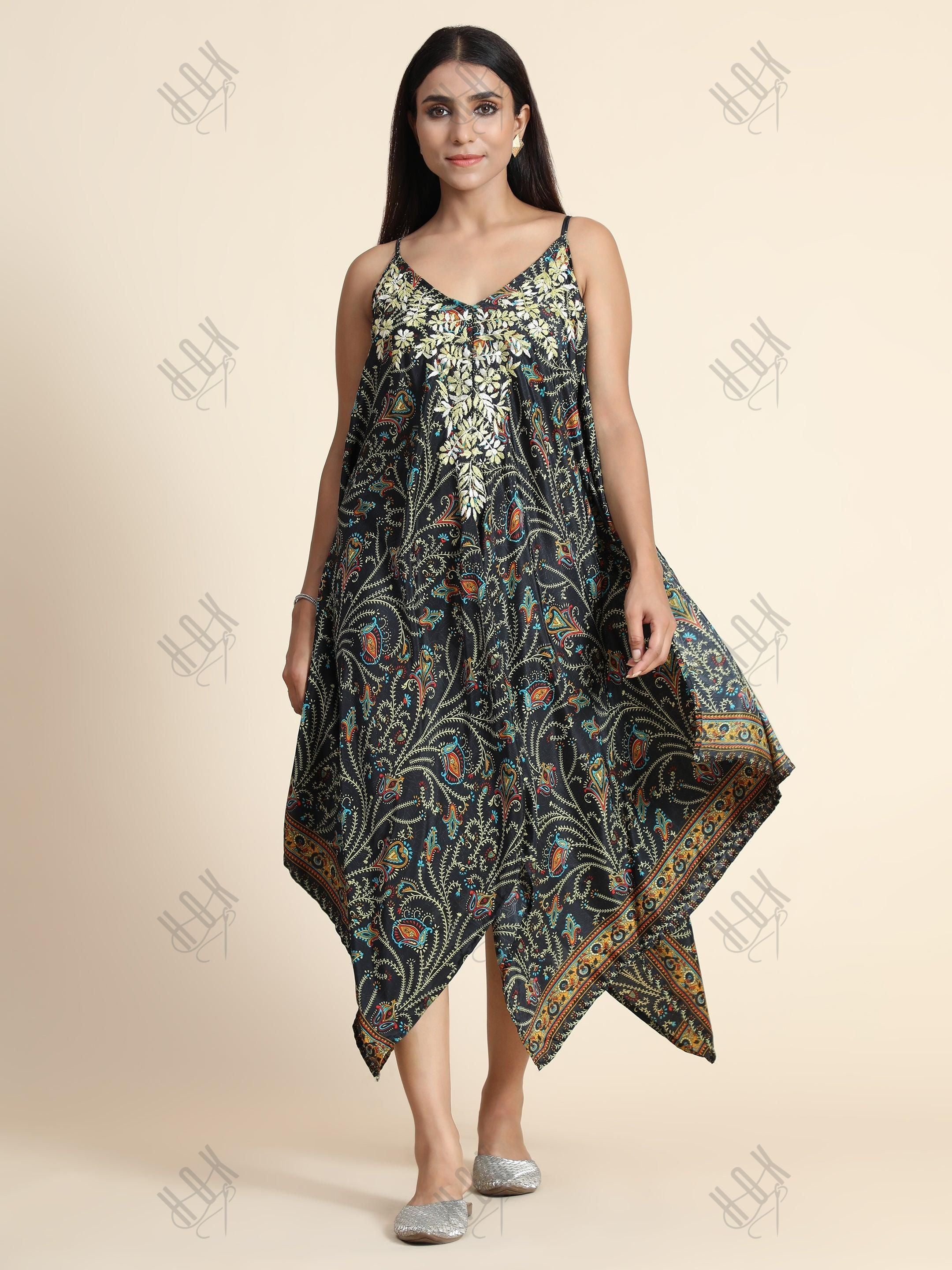 Chickenkari Dress for Women - Dark Multicolour with Collar work - House Of Kari (Chikankari Clothing)