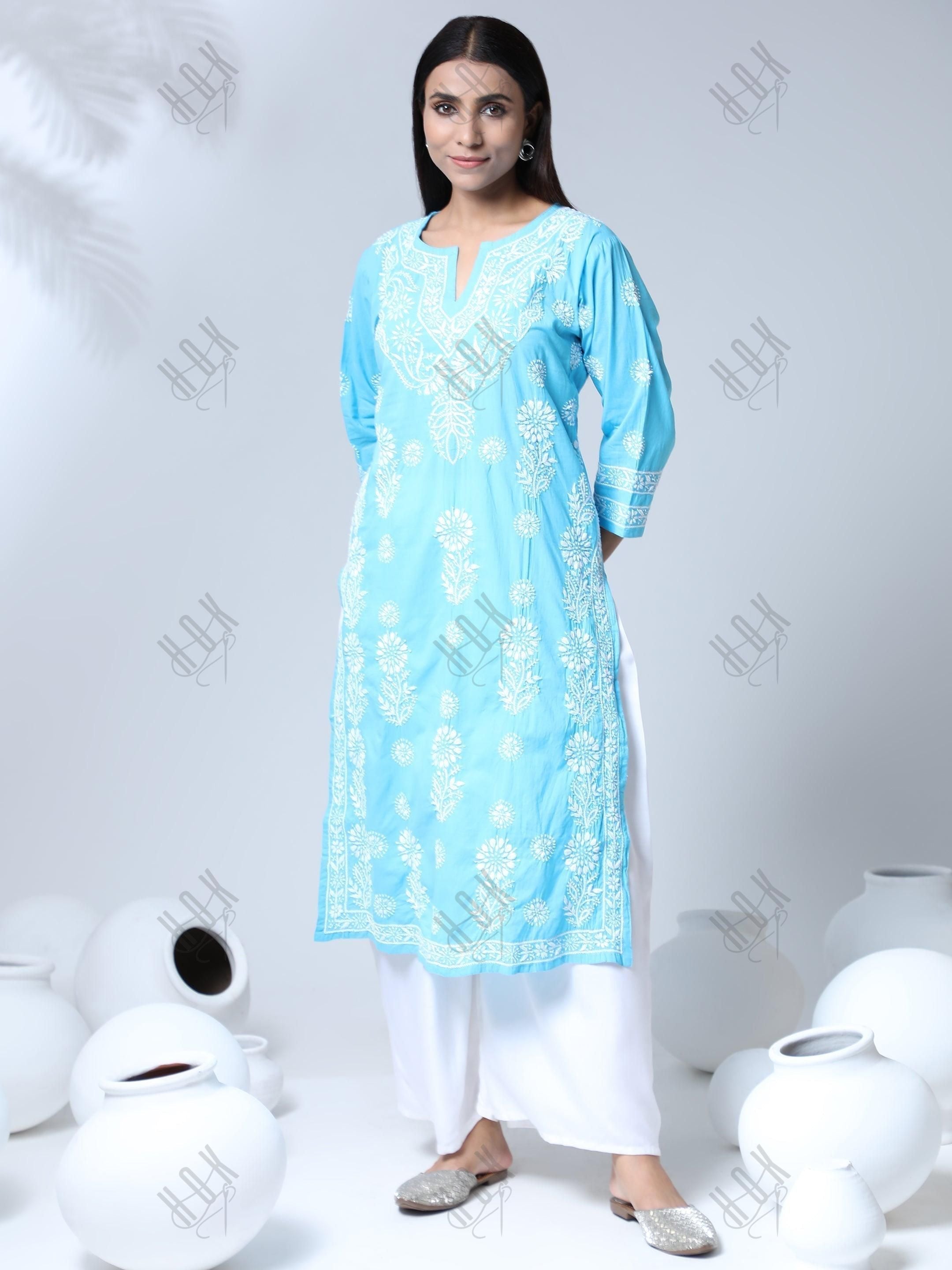 Hand Embroidery Chikankari Long Kurti for Women | Stylish Casual | Fancy - House Of Kari (Chikankari Clothing)