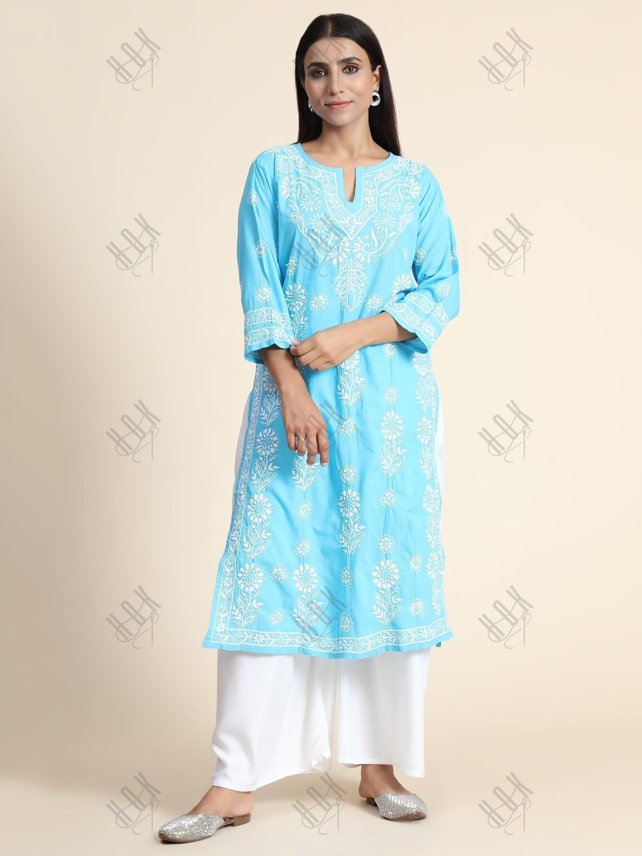 Hand Embroidery Chikankari Long Kurti for Women | Stylish Casual | Fancy - House Of Kari (Chikankari Clothing)