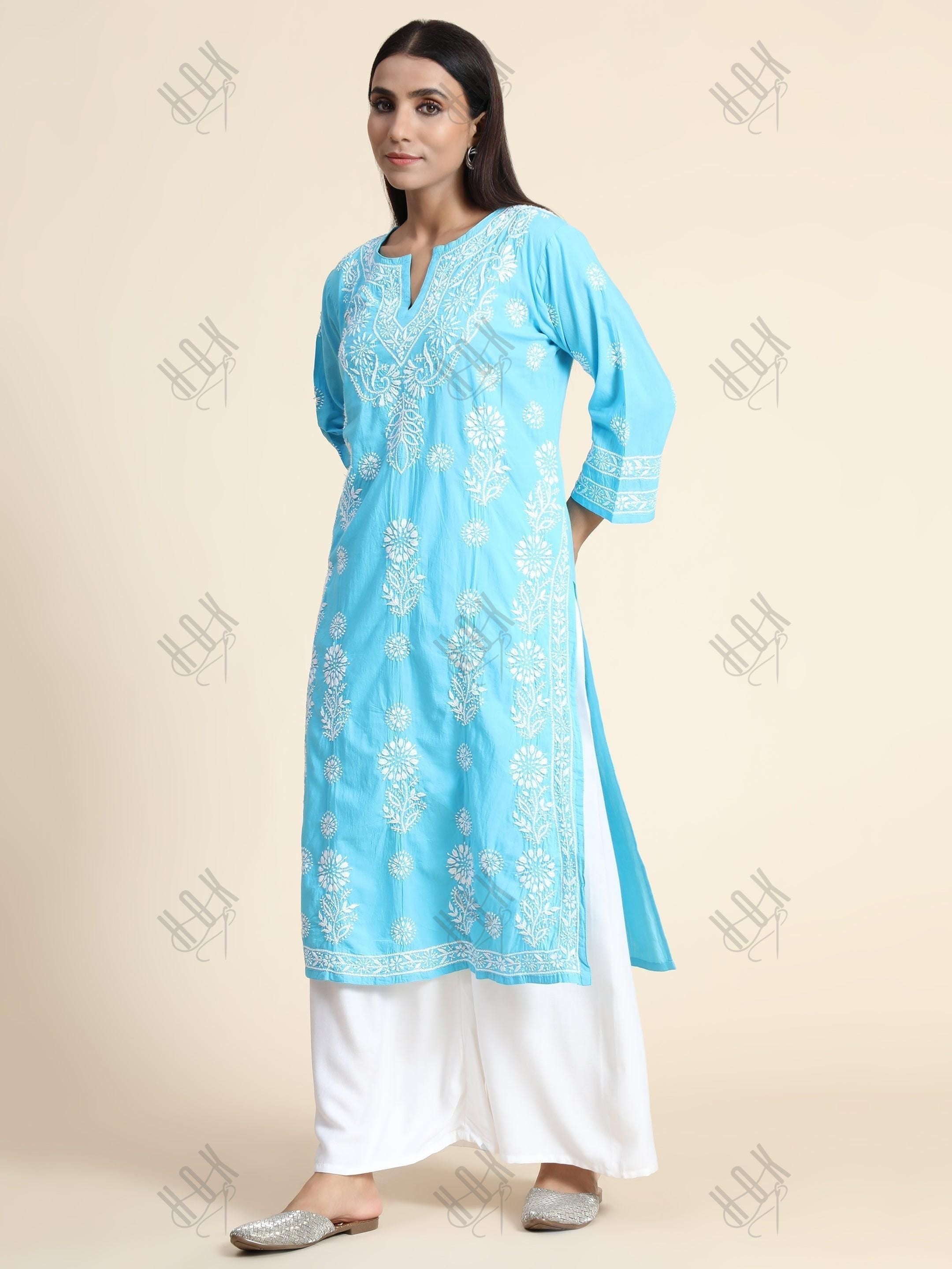 Hand Embroidery Chikankari Long Kurti for Women | Stylish Casual | Fancy - House Of Kari (Chikankari Clothing)