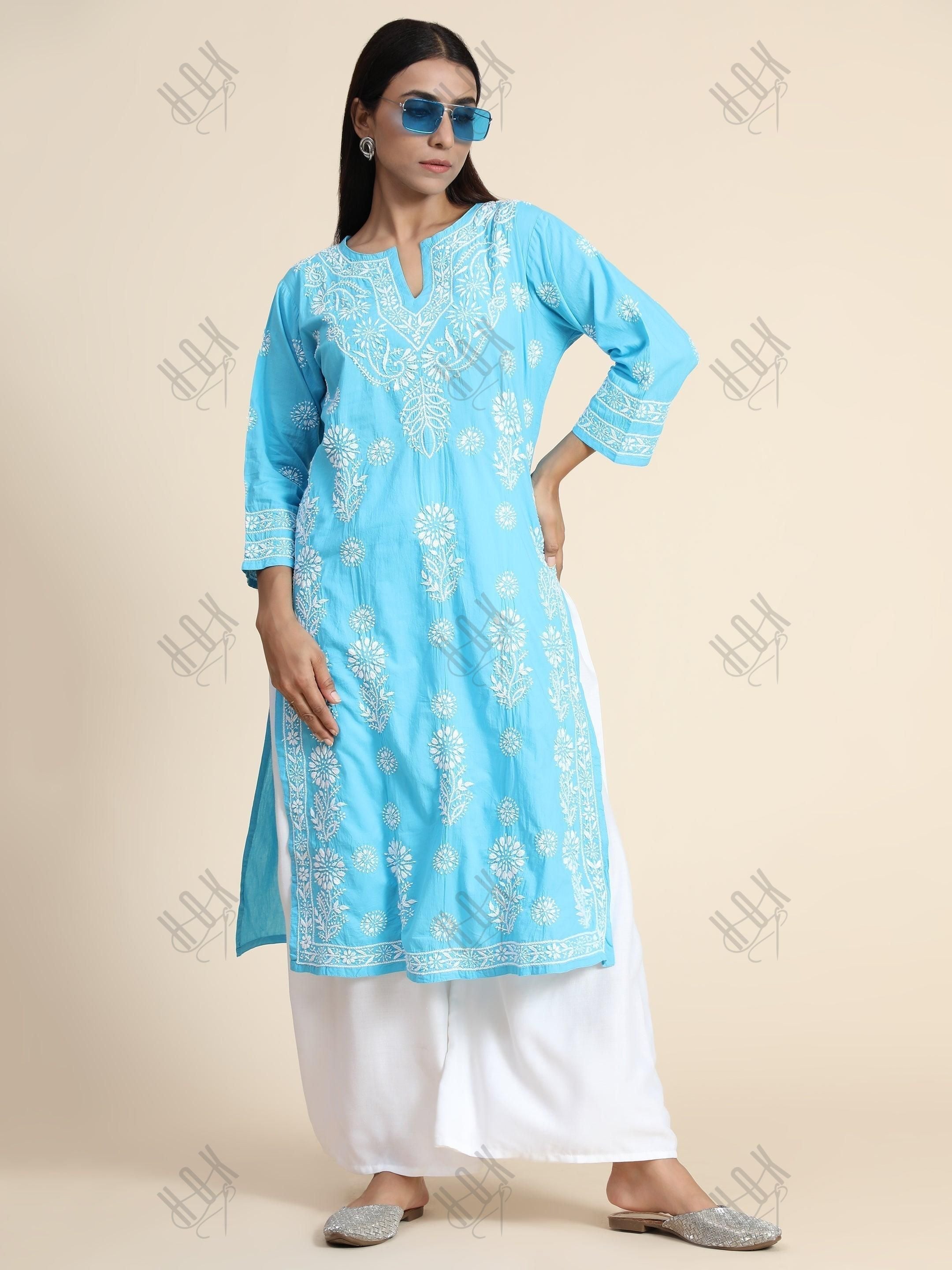 Hand Embroidery Chikankari Long Kurti for Women | Stylish Casual | Fancy - House Of Kari (Chikankari Clothing)