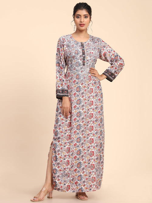 😍 cream white multi colour Floral printed long gown with adjustable sl –  tarangg.in
