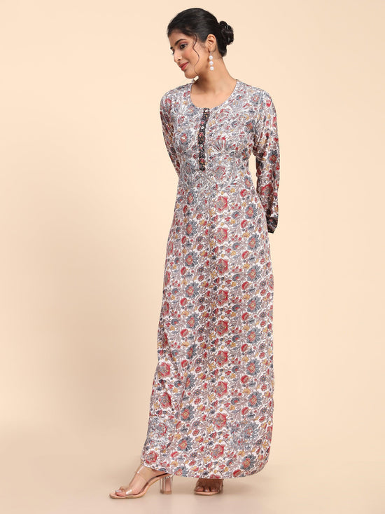 Noor Premium Printed PolySilk Chikankari Long gown for Women -Silver Floral Print - House Of Kari (Chikankari Clothing)