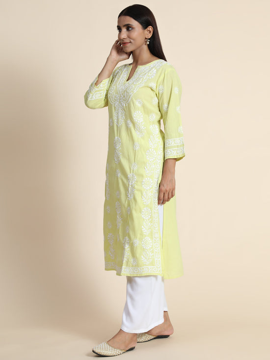 Vanya in Hand Embroidery Chikankari Long Kurti for Women | Stylish Casual | Fancy| Fluorescent Green  & White-2
