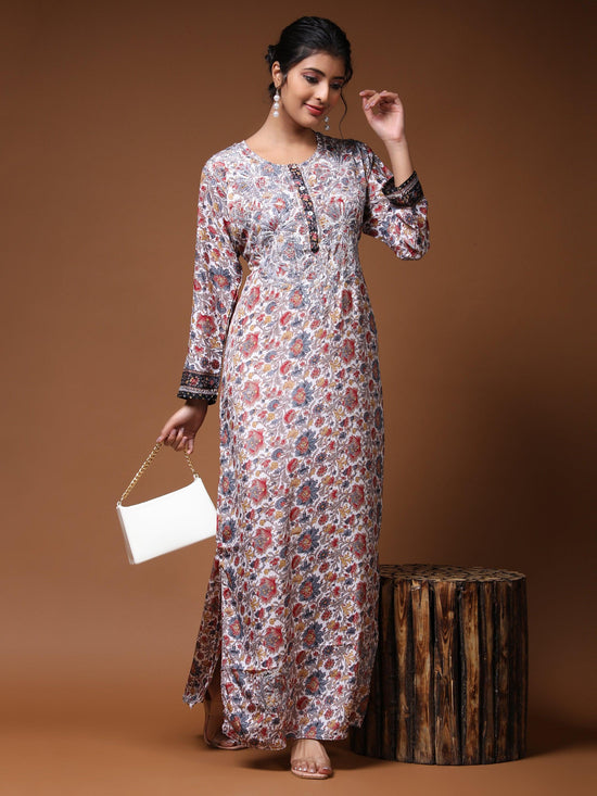 Noor Premium Printed PolySilk Chikankari Long gown for Women -Silver Floral Print - House Of Kari (Chikankari Clothing)
