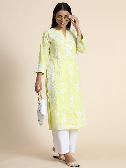 Vanya in Hand Embroidery Chikankari Long Kurti for Women | Stylish Casual | Fancy| Fluorescent Green  & White-2