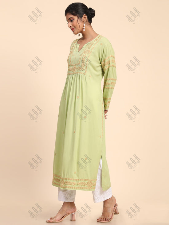 Aayushi in HOK chikankari Long Kurta in Rayon Cotton for Women-Pista Green - House Of Kari (Chikankari Clothing)