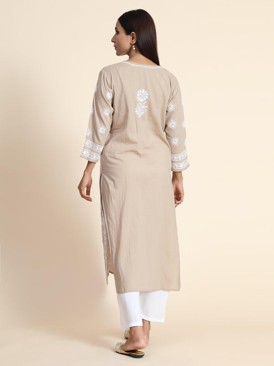 Aanchal in HOK Chikankari Long Kurti for Women Beige & White-2 - House Of Kari (Chikankari Clothing)