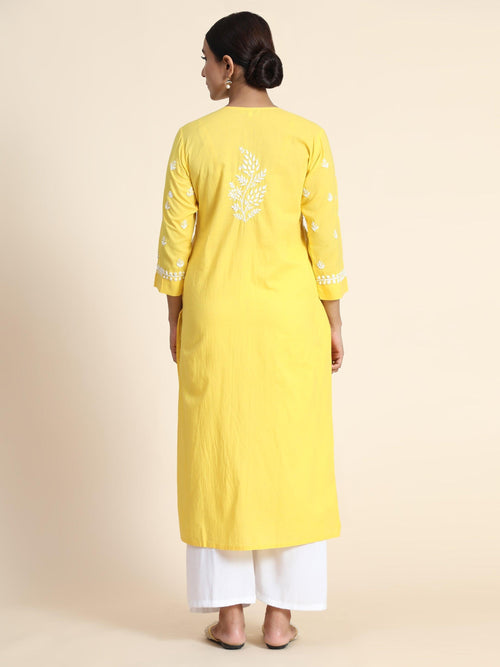 Load image into Gallery viewer, Hand Embroidery Chikankari Long Kurti for Women | Stylish Casual | Fancy| Yellow &amp;amp; White-1 - House Of Kari (Chikankari Clothing)
