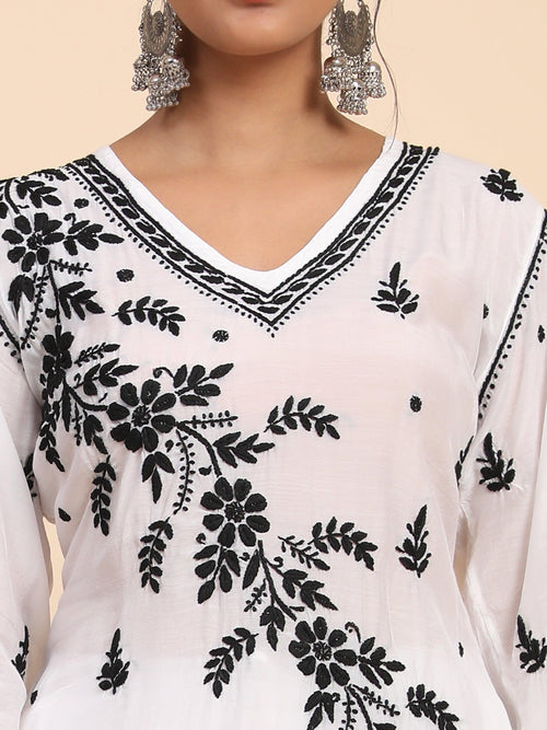 Parisa in Noor Chikankari Long Kurta in Muslin Cotton for Women-White with Black - House Of Kari (Chikankari Clothing)