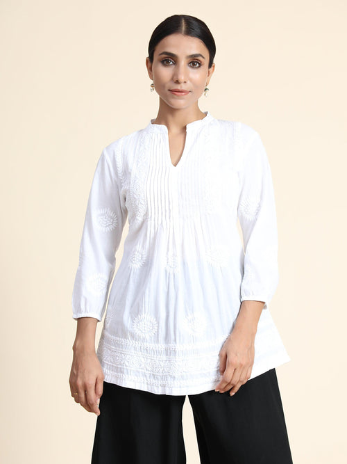 Hand Embroidery Chinakari Printed Short Cotton Tunics-White - House Of Kari (Chikankari Clothing)