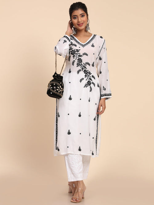 Load image into Gallery viewer, Noor Chikankari Long Kurta in Muslin Cotton for Women-White with Black - House Of Kari (Chikankari Clothing)
