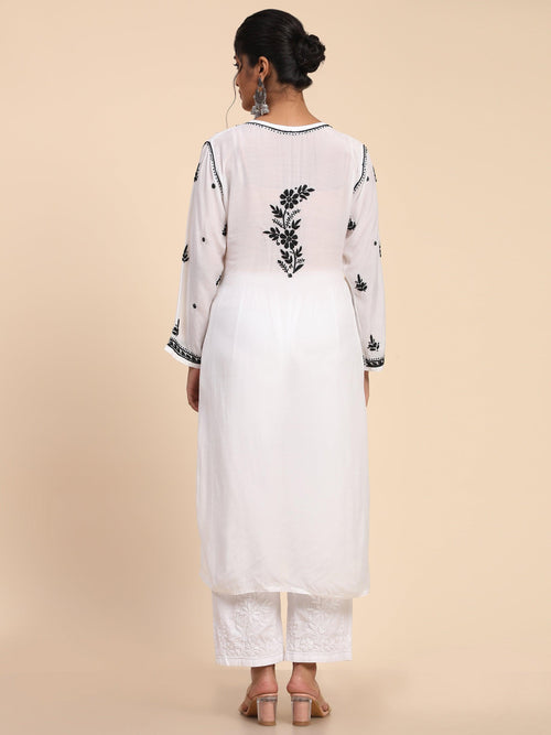 Parisa in Noor Chikankari Long Kurta in Muslin Cotton for Women-White with Black - House Of Kari (Chikankari Clothing)