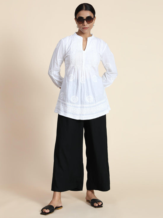 Hand Embroidery Chinakari Printed Short Cotton Tunics-White - House Of Kari (Chikankari Clothing)