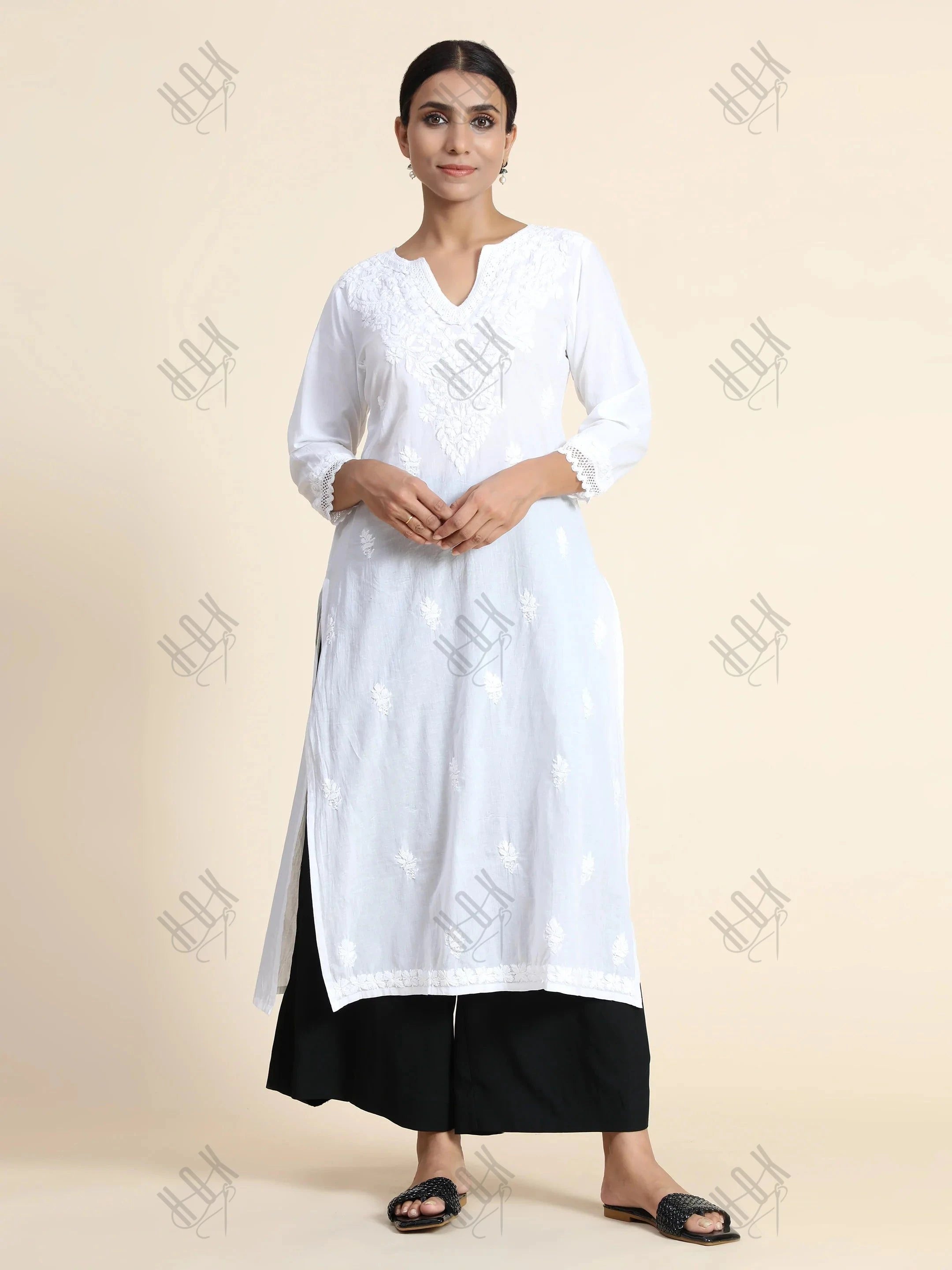 Sharmin in HOK Chikankari Long Kurti for Women in white - House Of Kari (Chikankari Clothing)