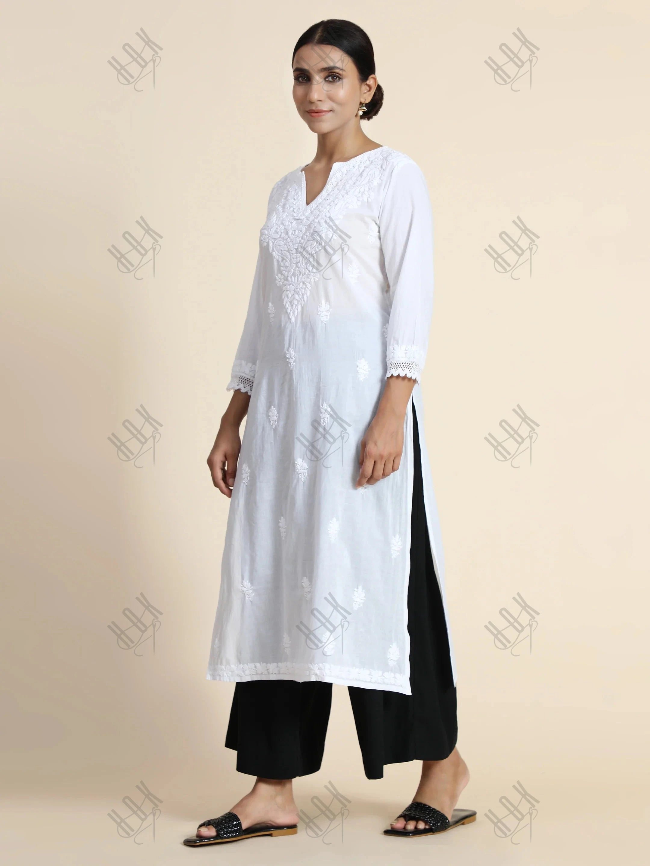 Sharmin in HOK Chikankari Long Kurti for Women in white - House Of Kari (Chikankari Clothing)