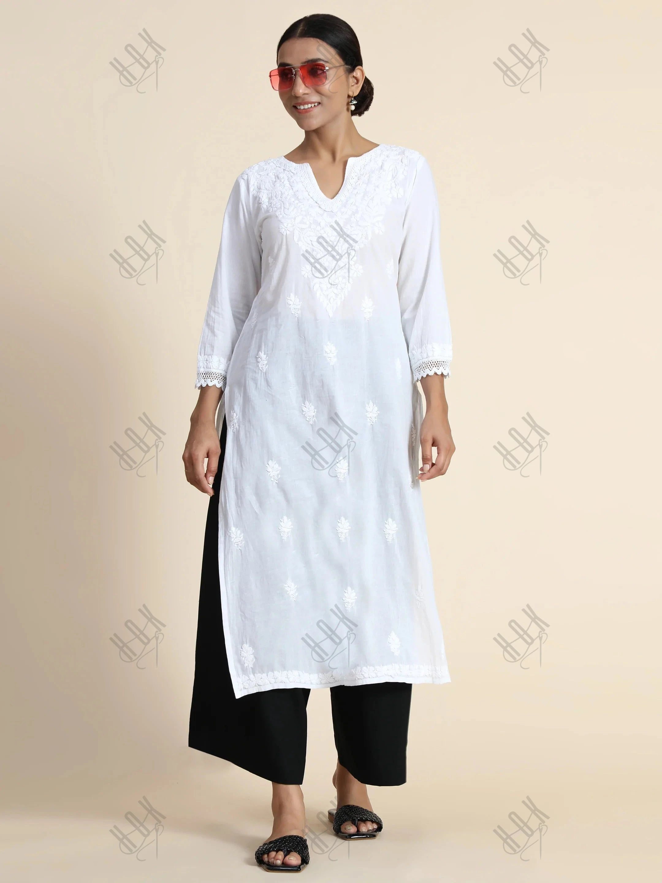 Sharmin in HOK Chikankari Long Kurti for Women in white - House Of Kari (Chikankari Clothing)