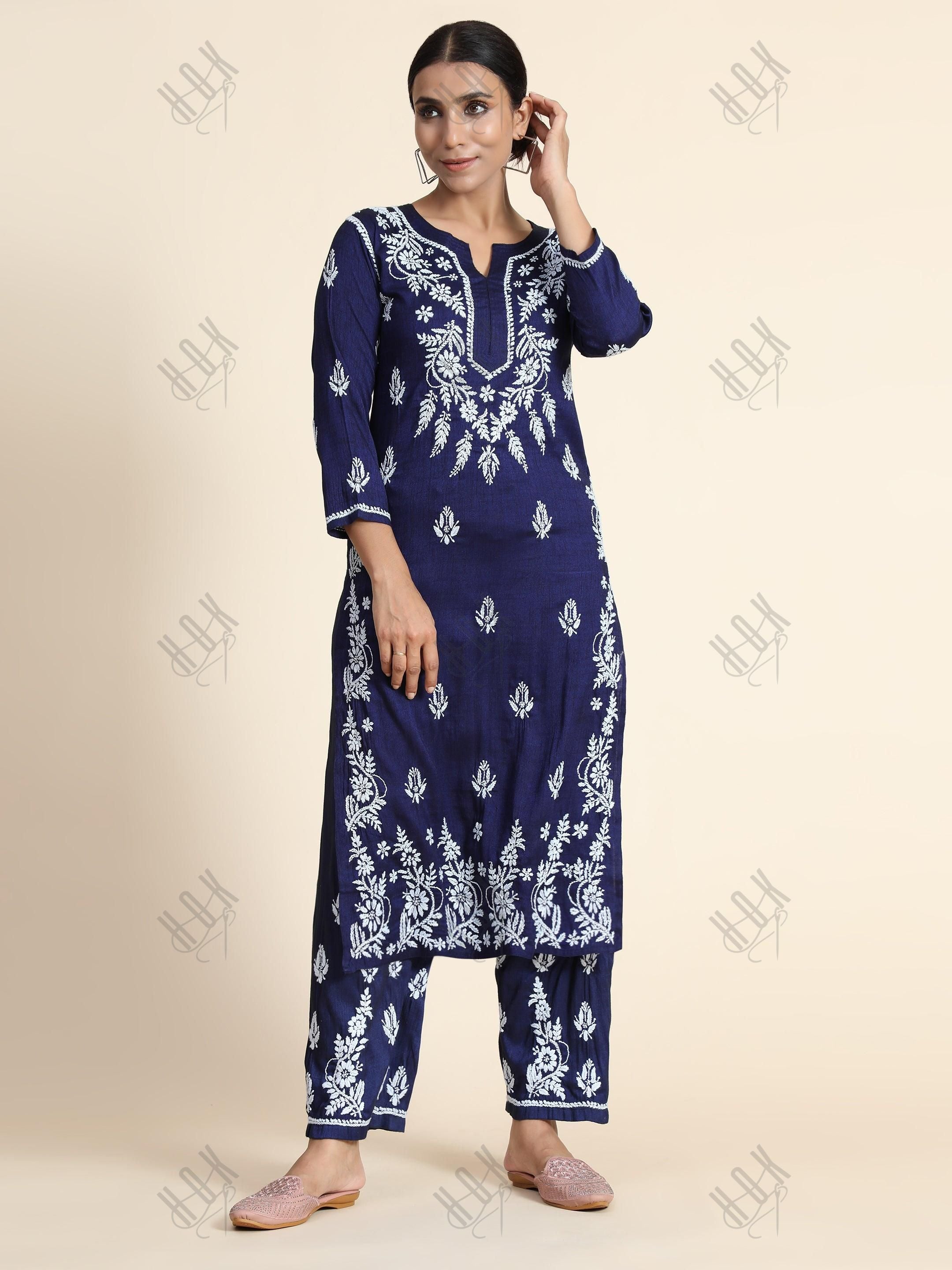 Hand Embroidery Chikankari CO-ORD set for Women In Navy Blue - House Of Kari (Chikankari Clothing)