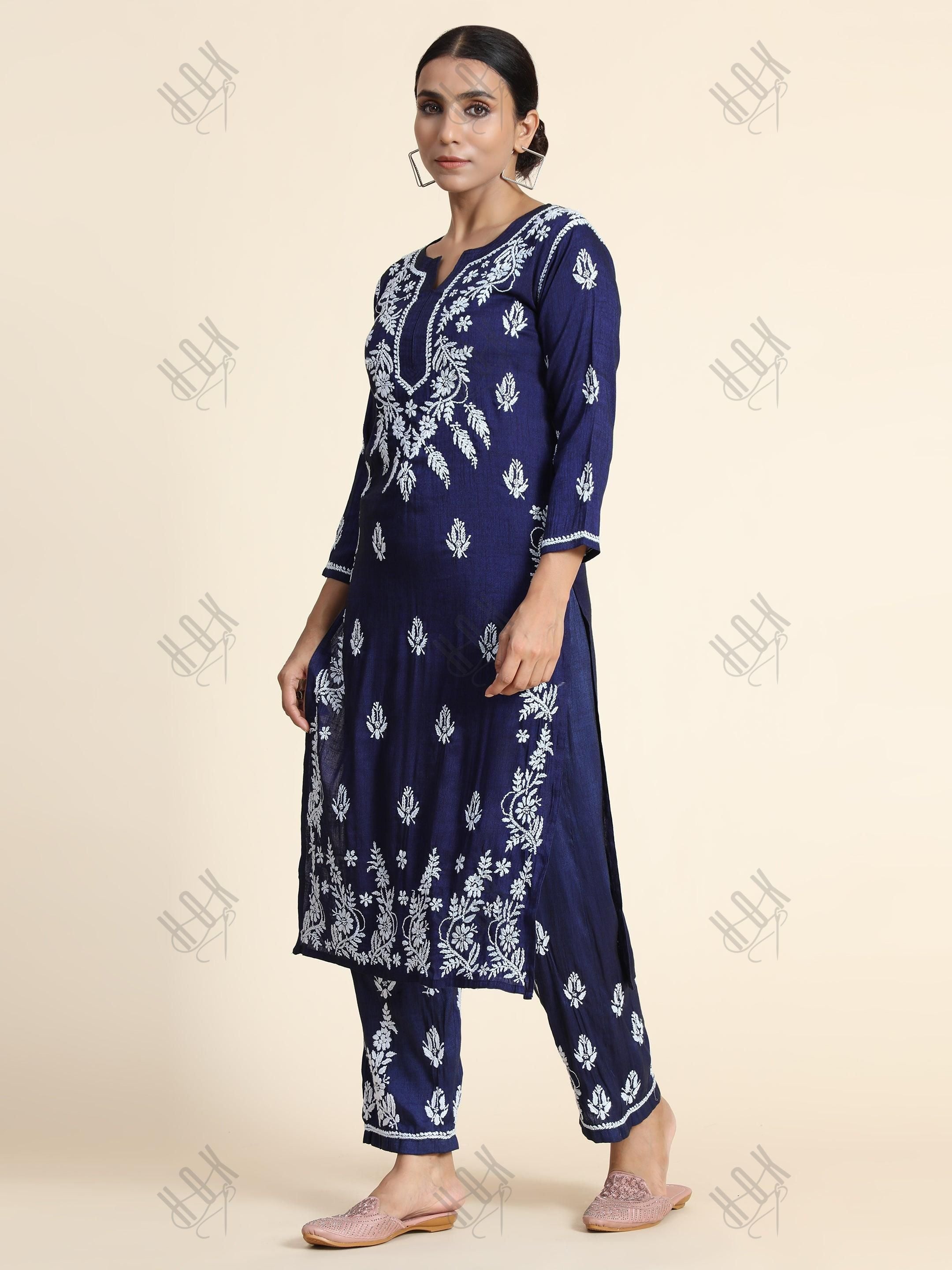 Hand Embroidery Chikankari CO-ORD set for Women In Navy Blue - House Of Kari (Chikankari Clothing)