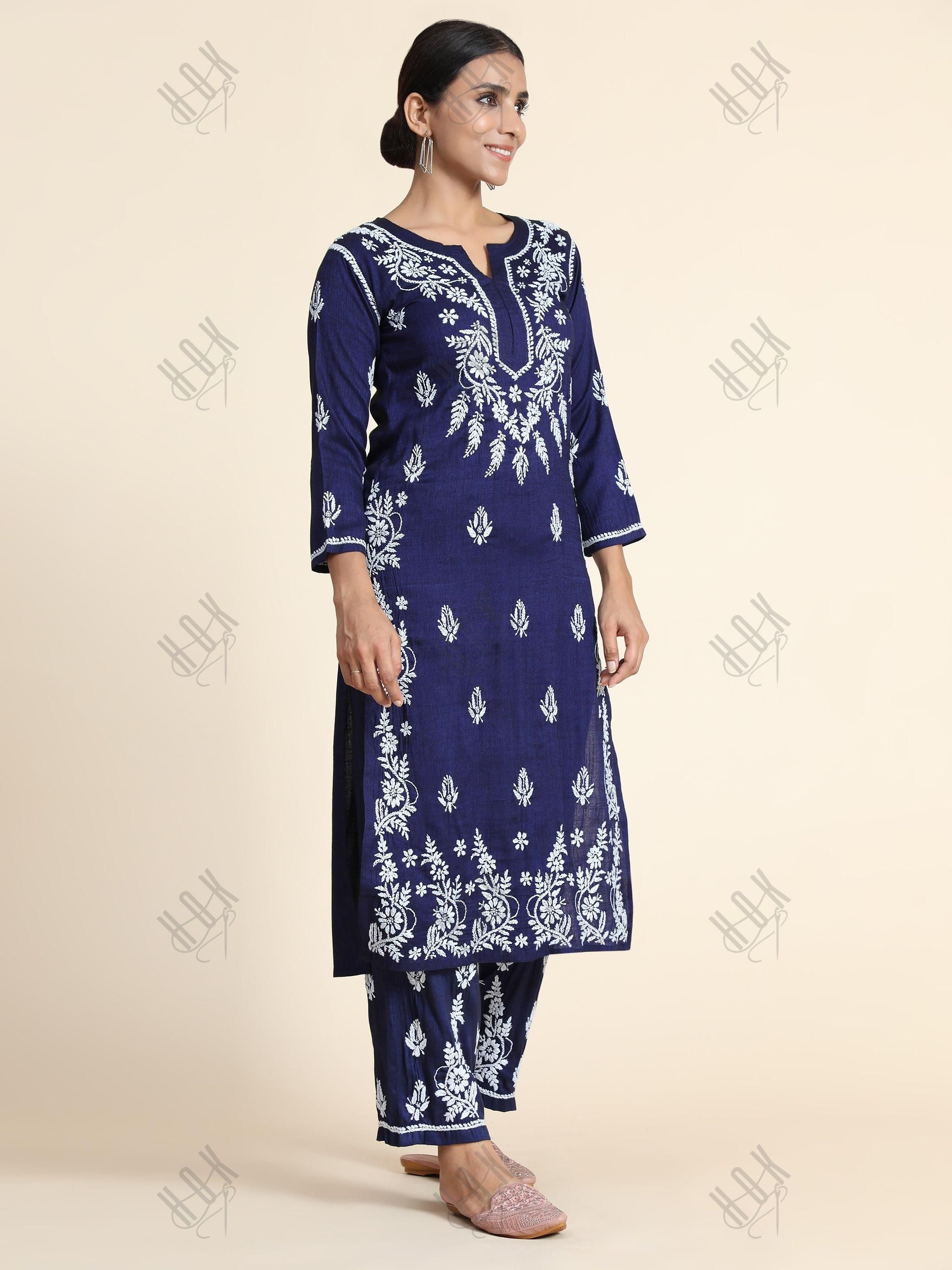 Hand Embroidery Chikankari CO-ORD set for Women In Navy Blue - House Of Kari (Chikankari Clothing)