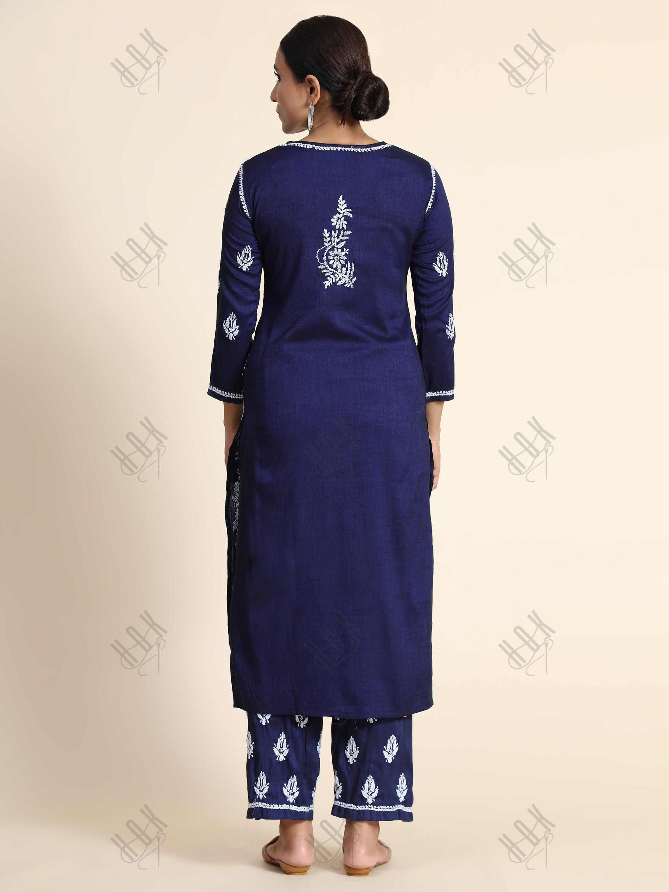 Hand Embroidery Chikankari CO-ORD set for Women In Navy Blue - House Of Kari (Chikankari Clothing)