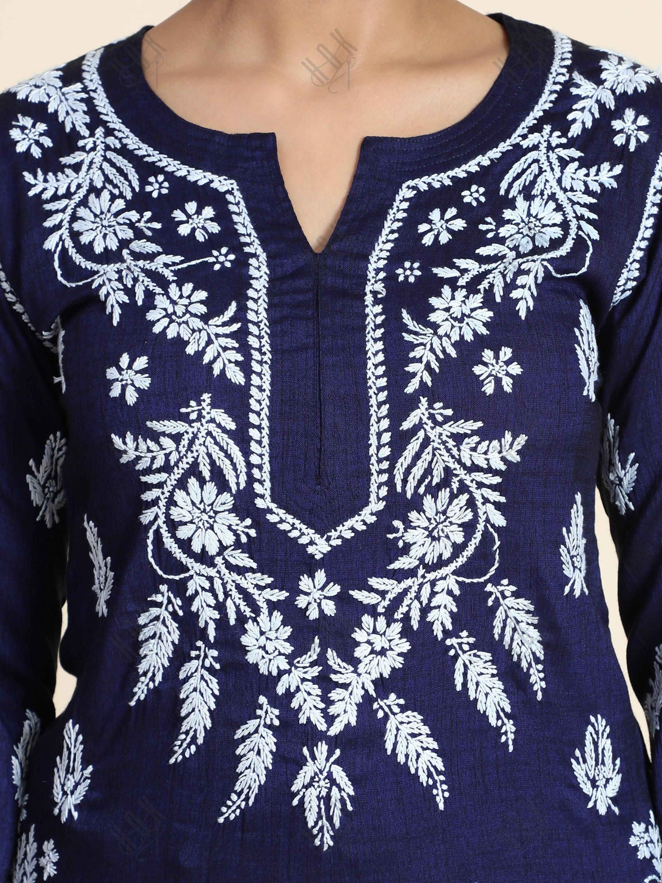 Hand Embroidery Chikankari CO-ORD set for Women In Navy Blue - House Of Kari (Chikankari Clothing)