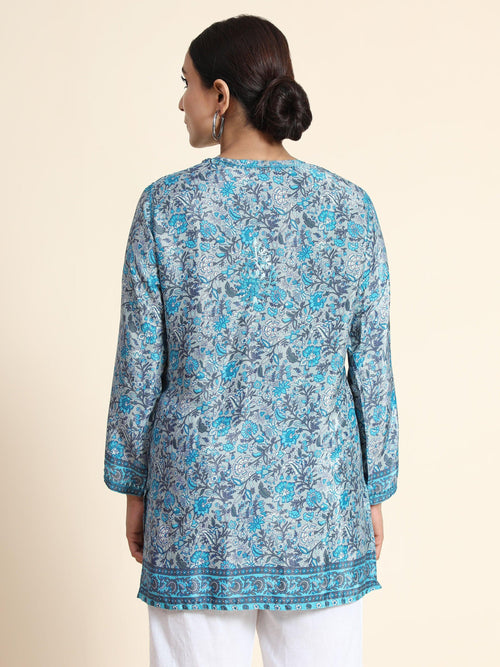 Load image into Gallery viewer, Hand embroidery Chikankari Tunic- Sky Blue - House Of Kari (Chikankari Clothing)
