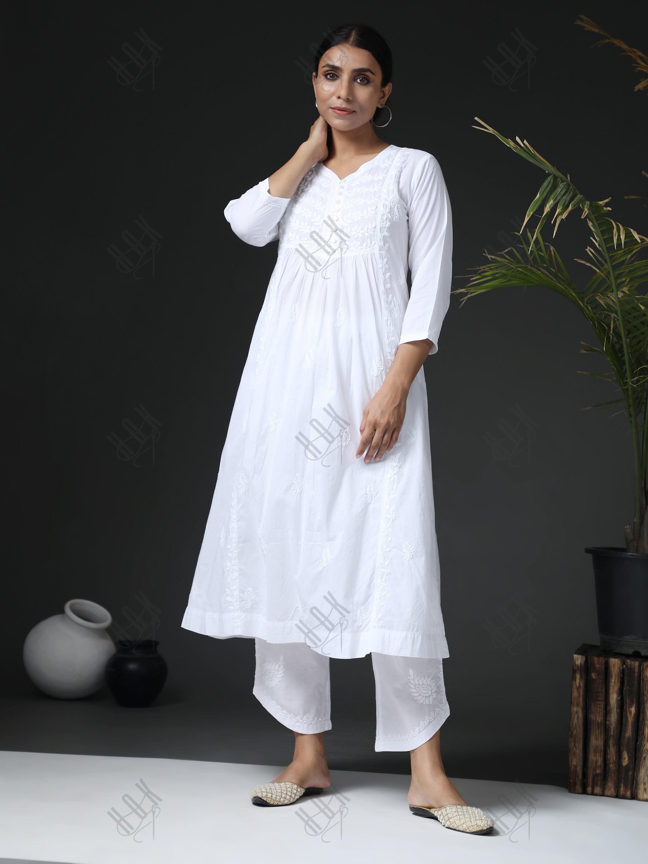 Anjana in Hand Embroidery Chikankari Long Kurti for Women in White - House Of Kari (Chikankari Clothing)