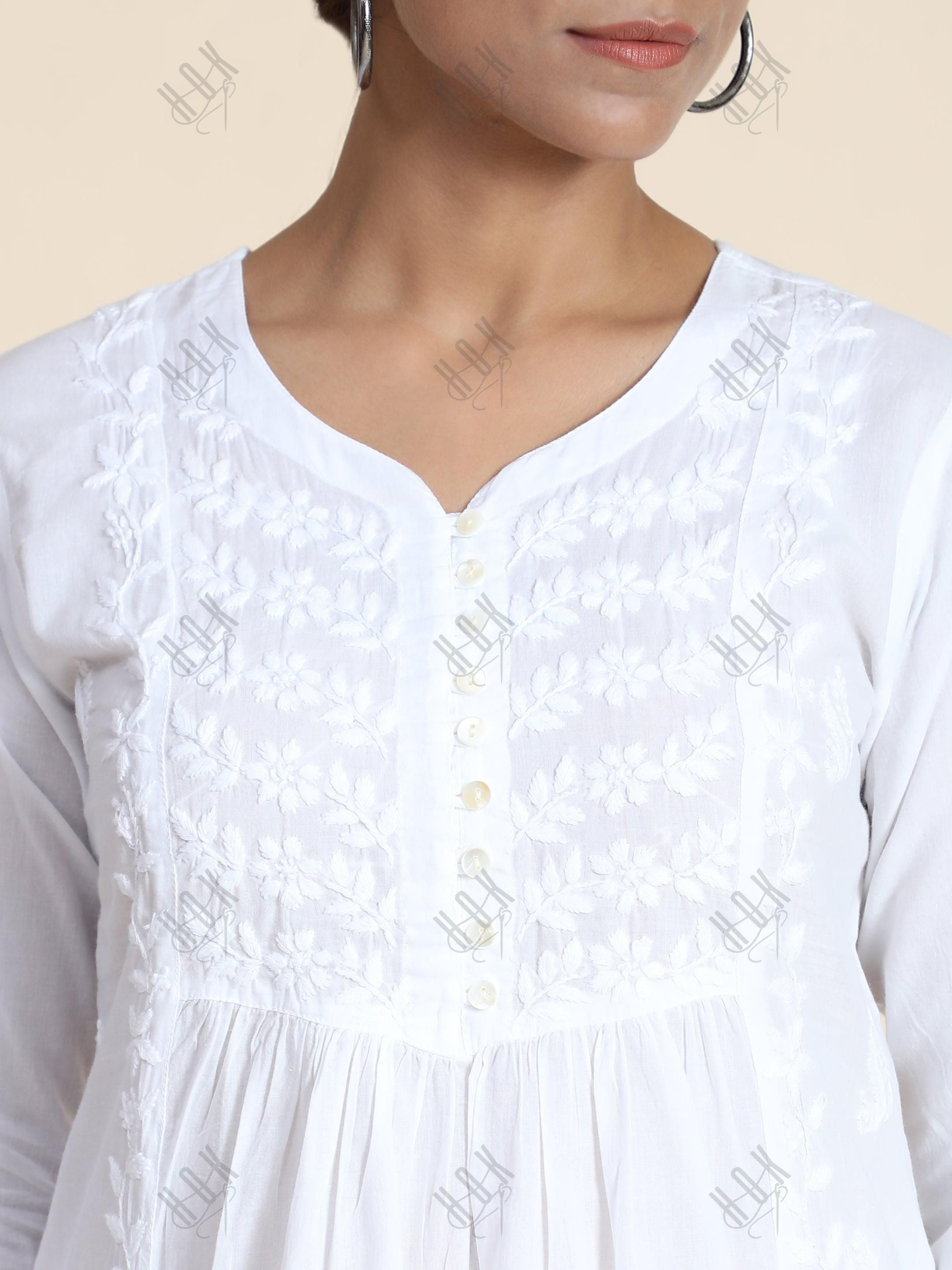 Anjana in Hand Embroidery Chikankari Long Kurti for Women in White - House Of Kari (Chikankari Clothing)