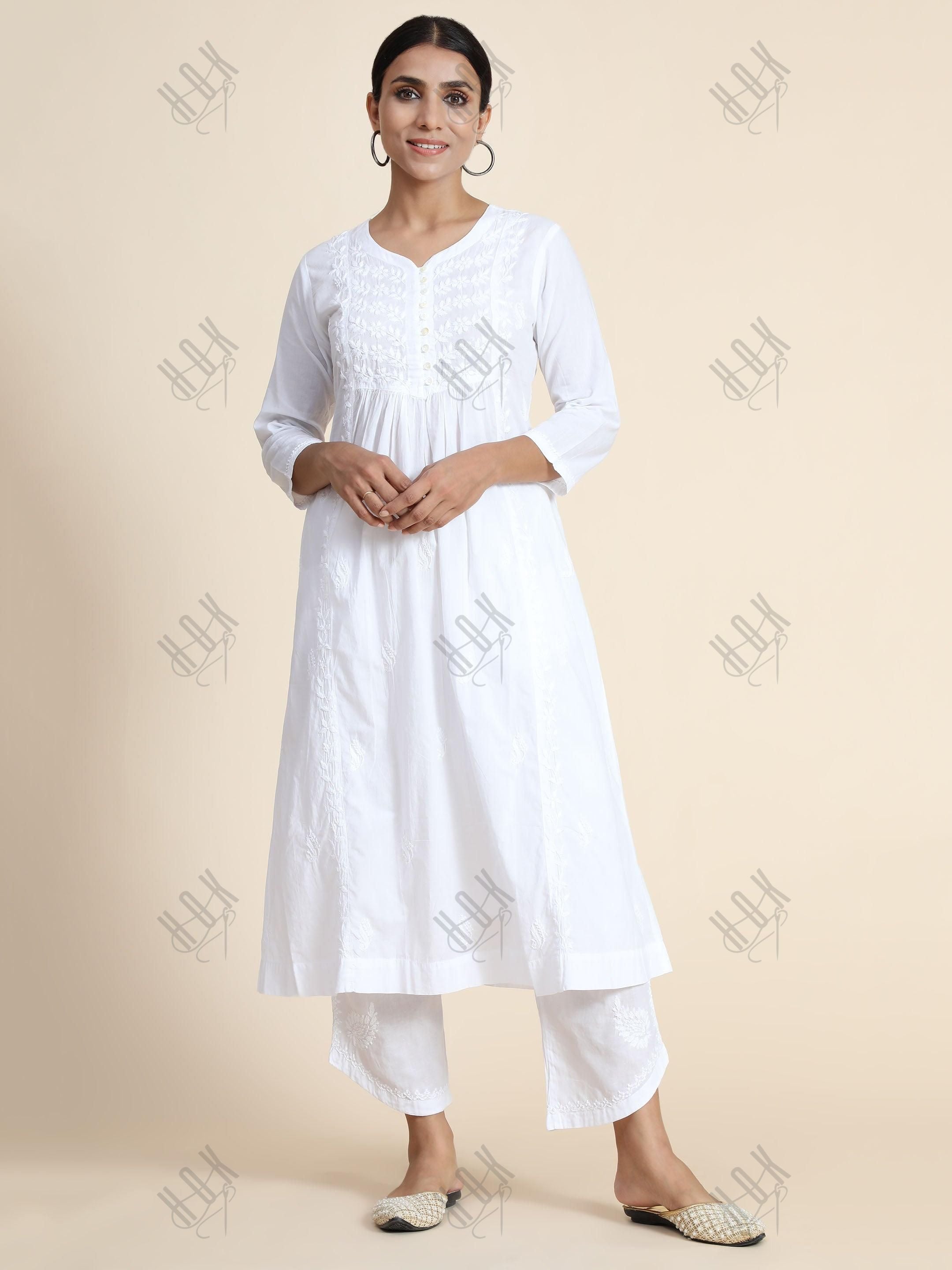 Anjana in Hand Embroidery Chikankari Long Kurti for Women in White - House Of Kari (Chikankari Clothing)