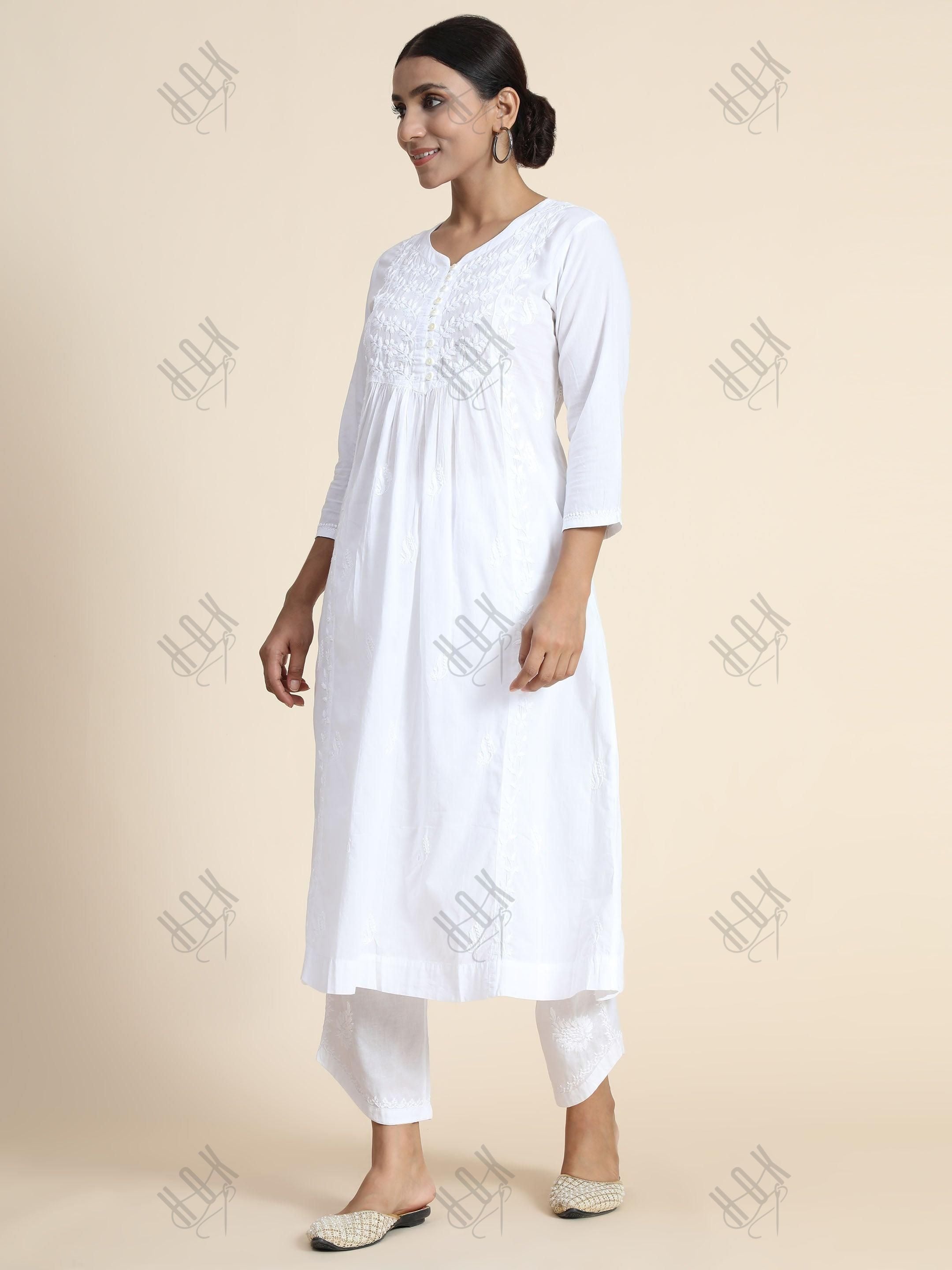 Anjana in Hand Embroidery Chikankari Long Kurti for Women in White - House Of Kari (Chikankari Clothing)