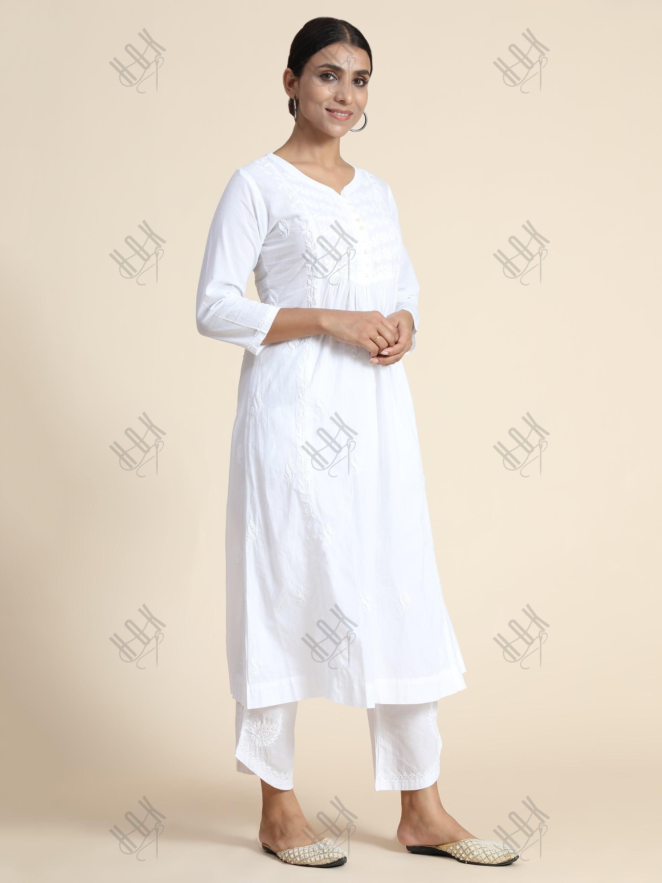 Anjana in Hand Embroidery Chikankari Long Kurti for Women in White - House Of Kari (Chikankari Clothing)