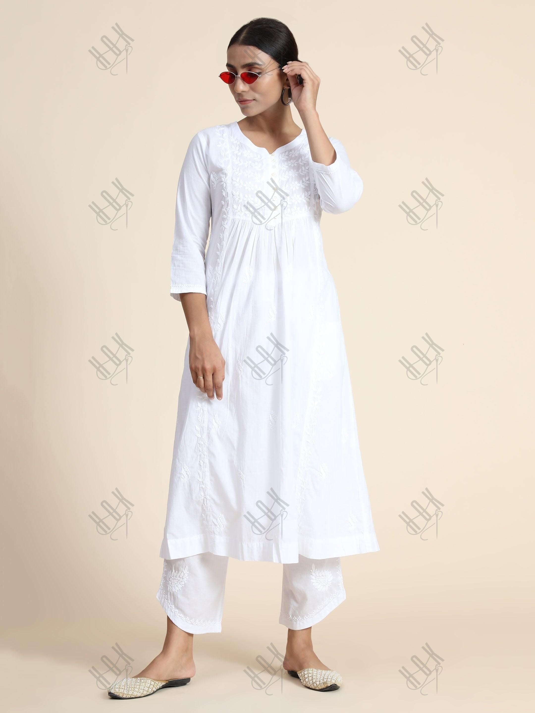 Anjana in Hand Embroidery Chikankari Long Kurti for Women in White - House Of Kari (Chikankari Clothing)