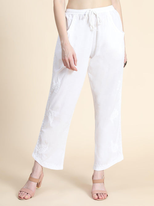 Load image into Gallery viewer, House Of Kari Chikankari Embroidered Cotton White Relaxed Pants Trousers-2 - House Of Kari (Chikankari Clothing)
