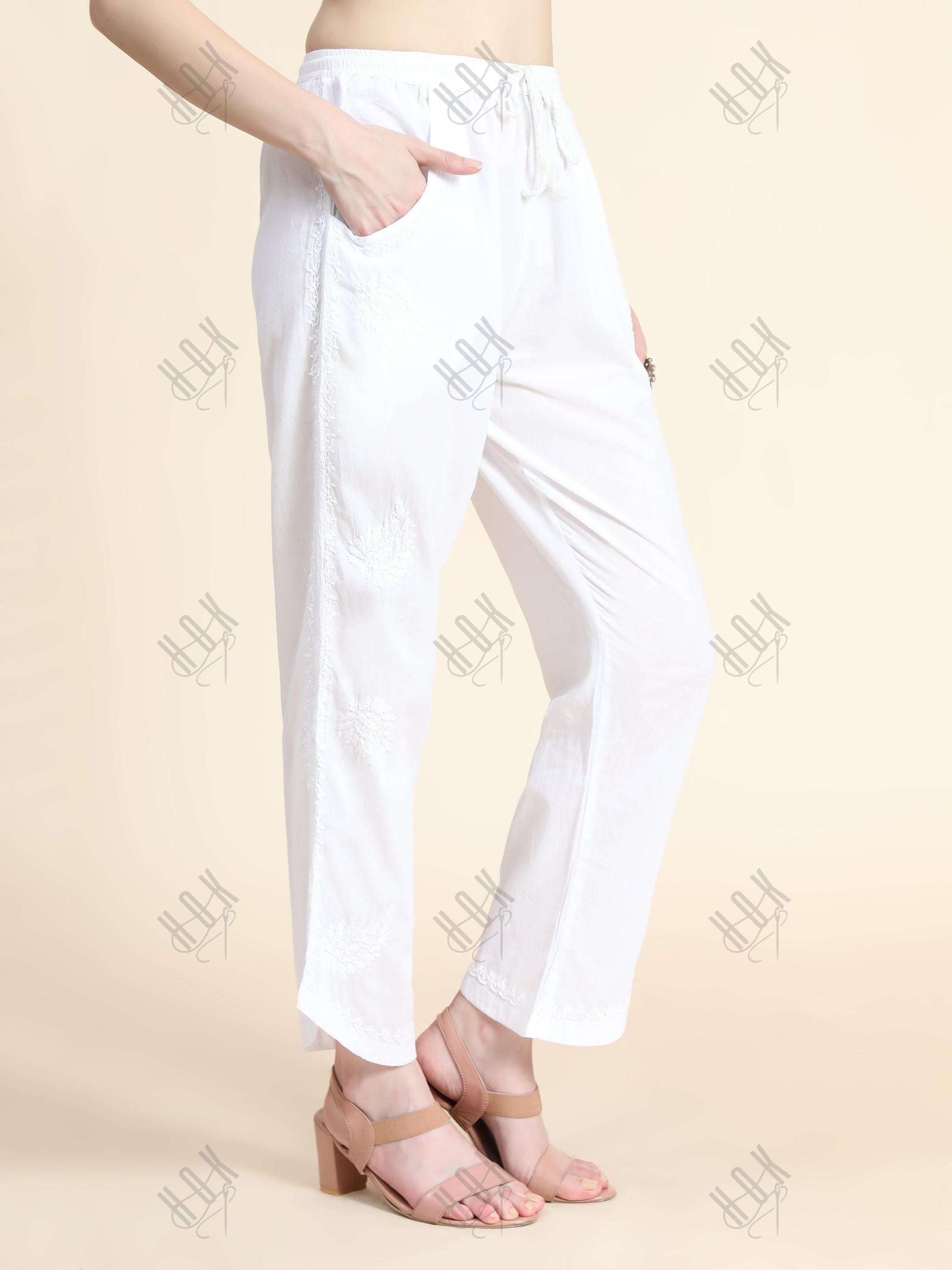 House Of Kari Chikankari Embroidered Cotton White Relaxed Pants Trousers-2 - House Of Kari (Chikankari Clothing)