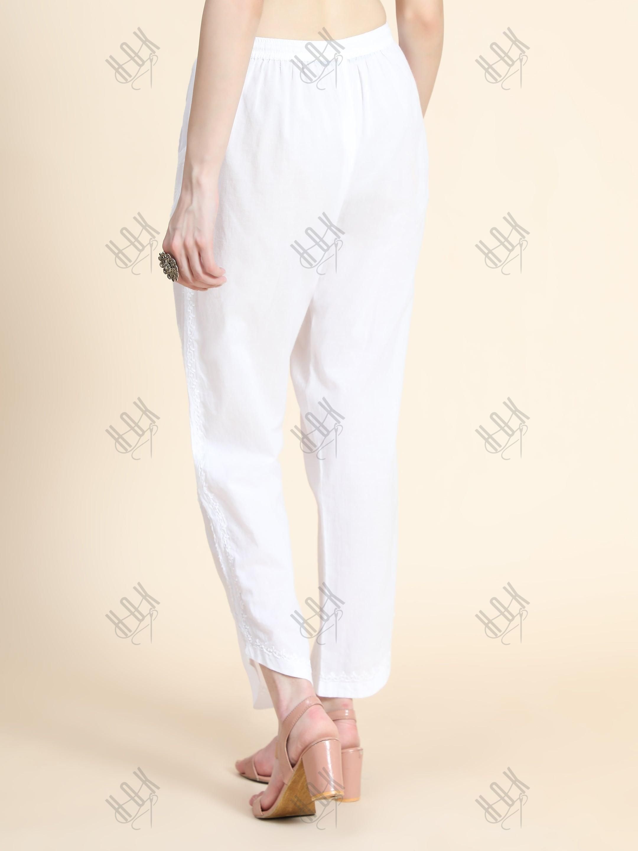 House Of Kari Chikankari Embroidered Cotton White Relaxed Pants Trousers-2 - House Of Kari (Chikankari Clothing)