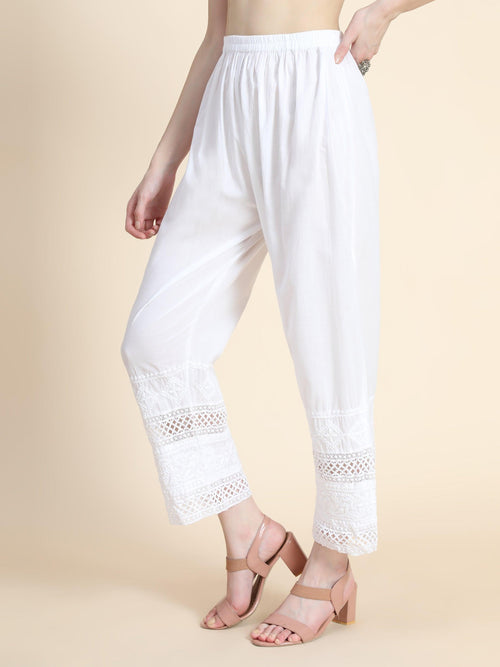 Embroidered Cotton White Relaxed Chikankari Pants - House Of Kari
