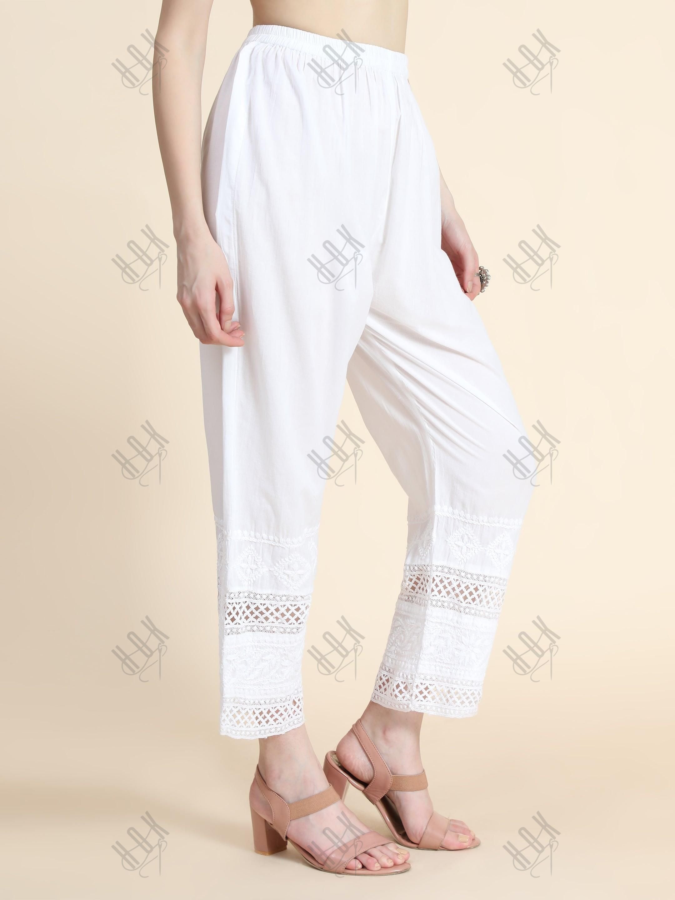 Hand Embroidered Cotton White Relaxed chikankari Pants