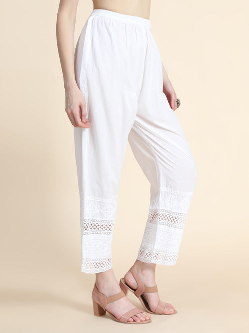 Embroidered Cotton White Relaxed Chikankari Pants - House Of Kari