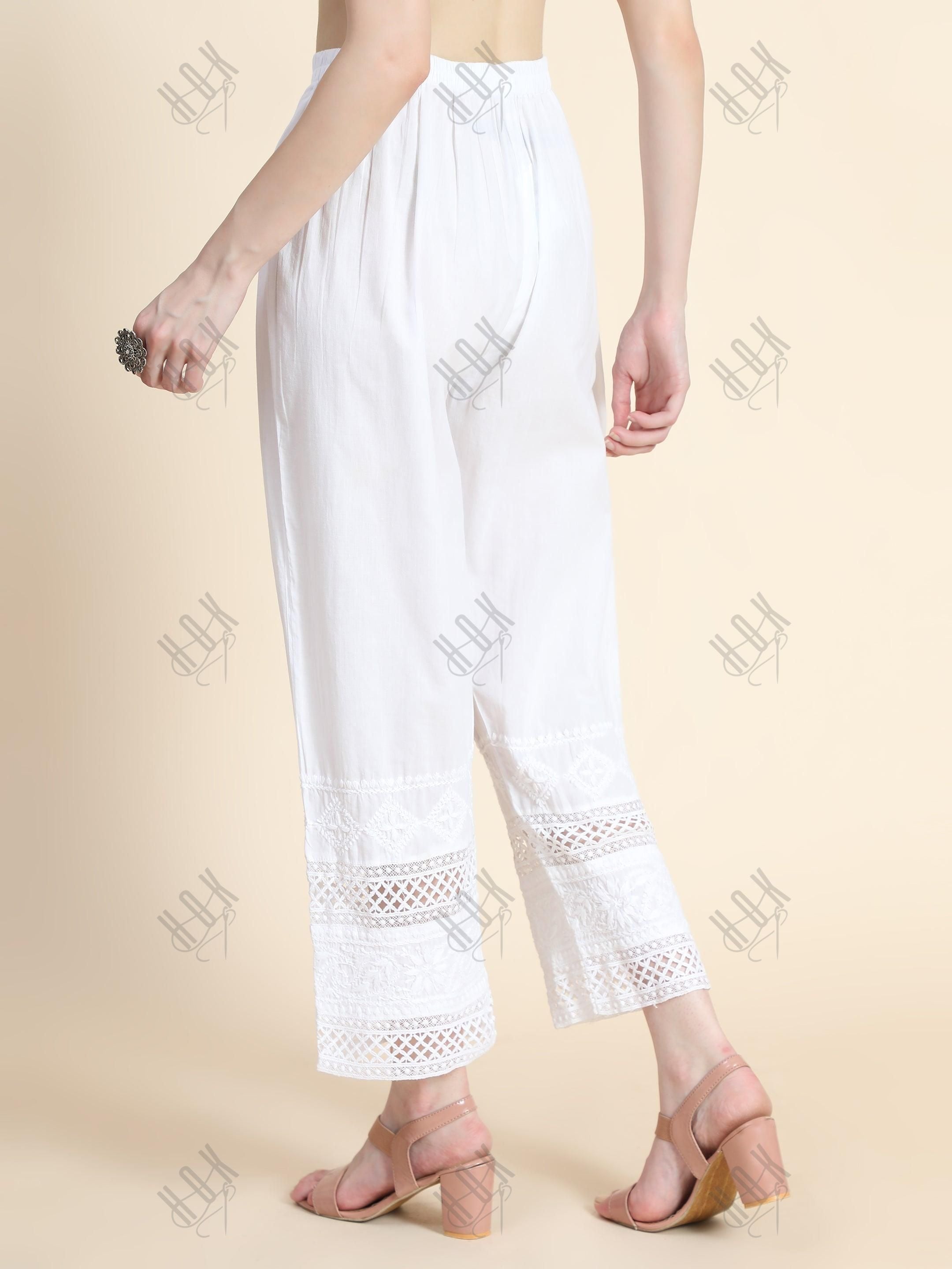 Hand Embroidered Cotton White Relaxed chikankari Pants