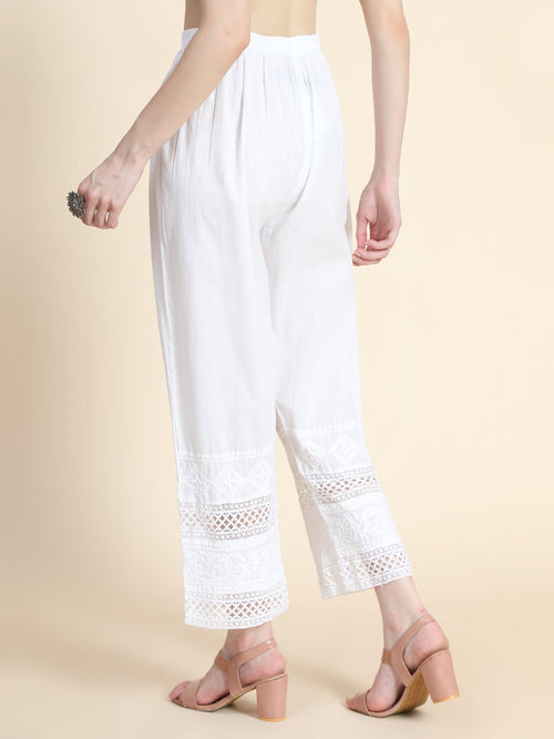 Hand Embroidered Cotton White Relaxed chikankari Pants