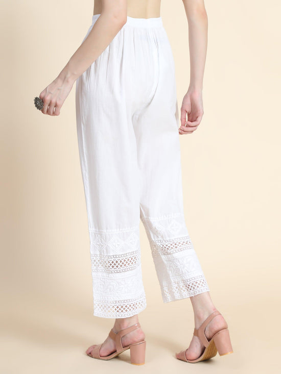 House Of Kari Chikankari Embroidered Cotton White Relaxed Pants Trousers-1 - House Of Kari (Chikankari Clothing)