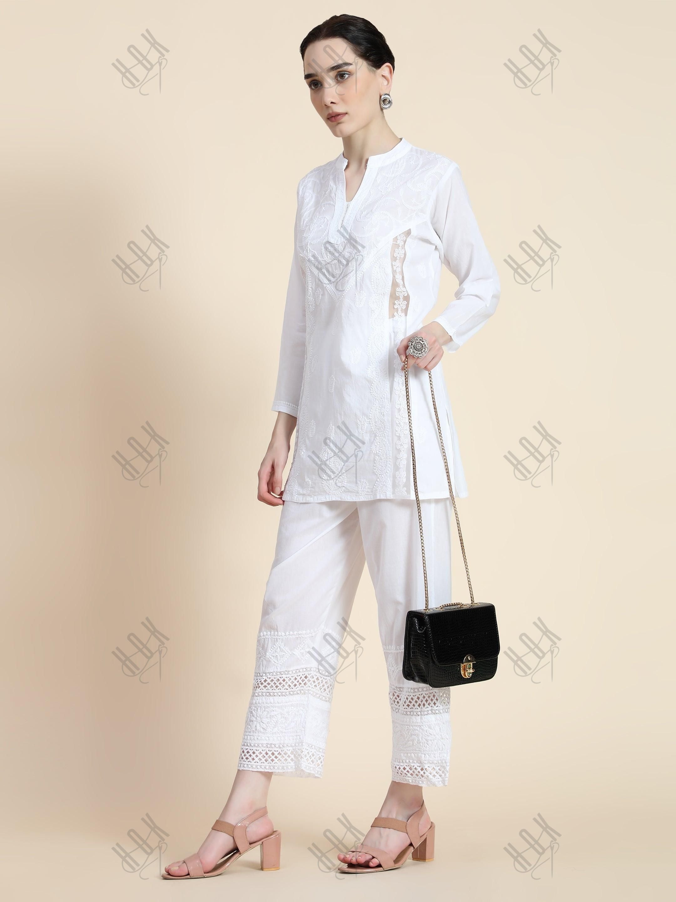 Hand Embroidered Cotton White Relaxed chikankari Pants