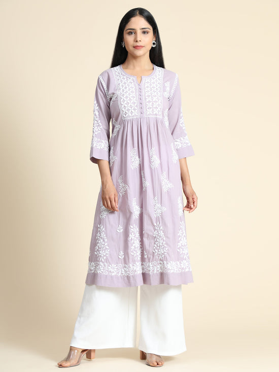Nandini in Hand Embroidery Chikankari Long Kurti for Women | Stylish Casual | Fancy| Lavender & White-9