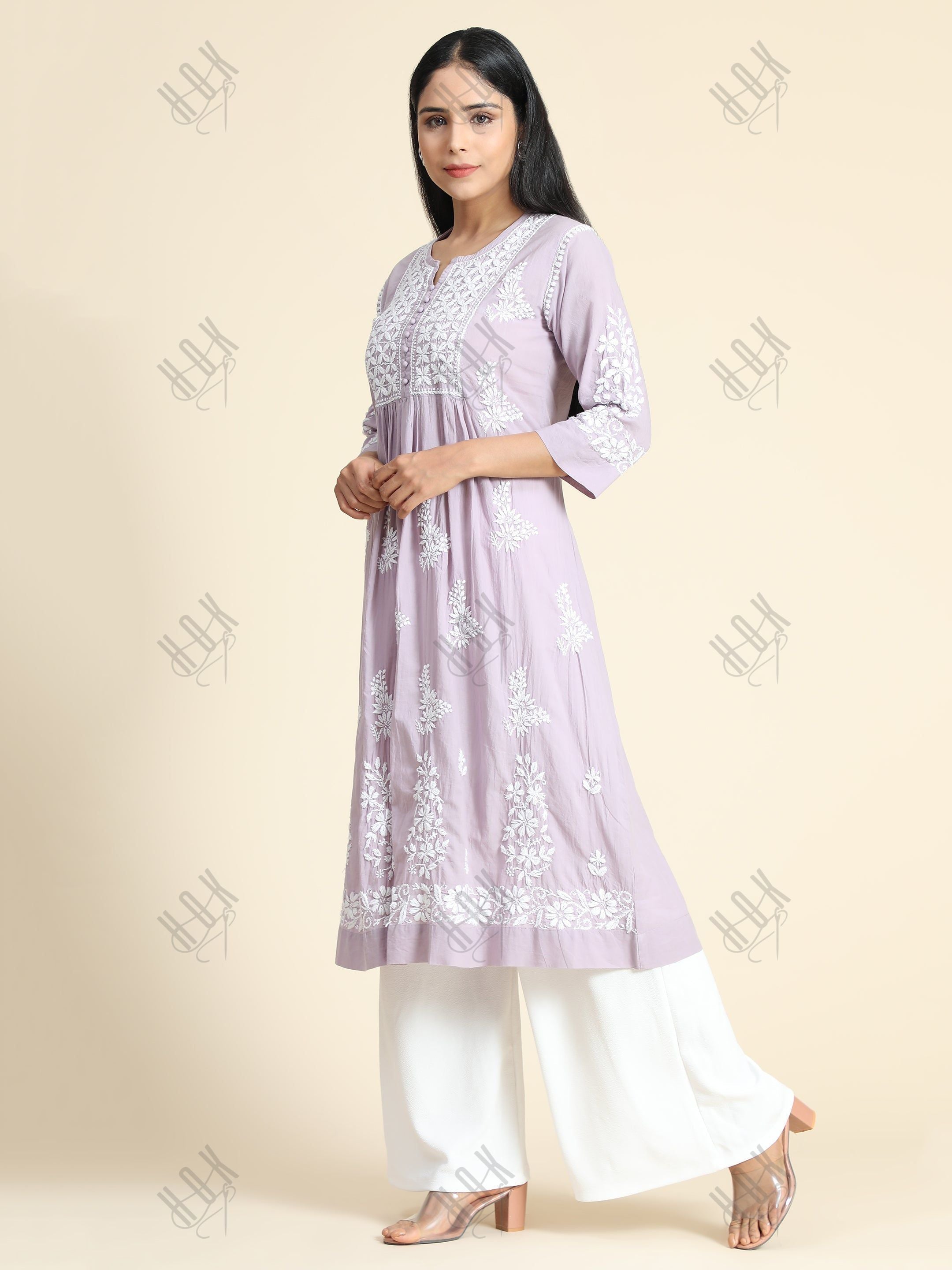 Nandini in Hand Embroidery Chikankari Long Kurti for Women | Stylish Casual | Fancy| Lavender & White-9