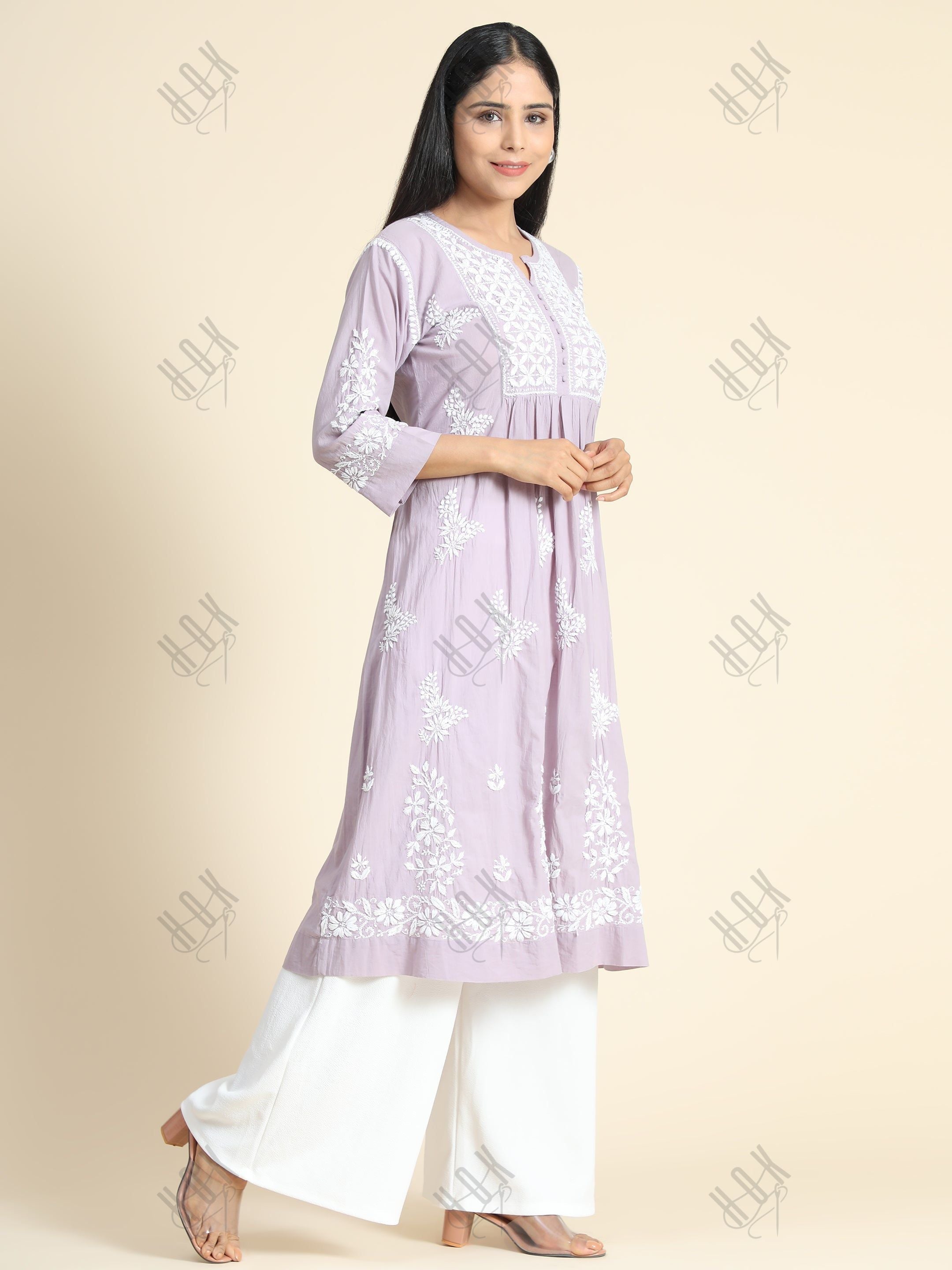 Nandini in Hand Embroidery Chikankari Long Kurti for Women | Stylish Casual | Fancy| Lavender & White-9