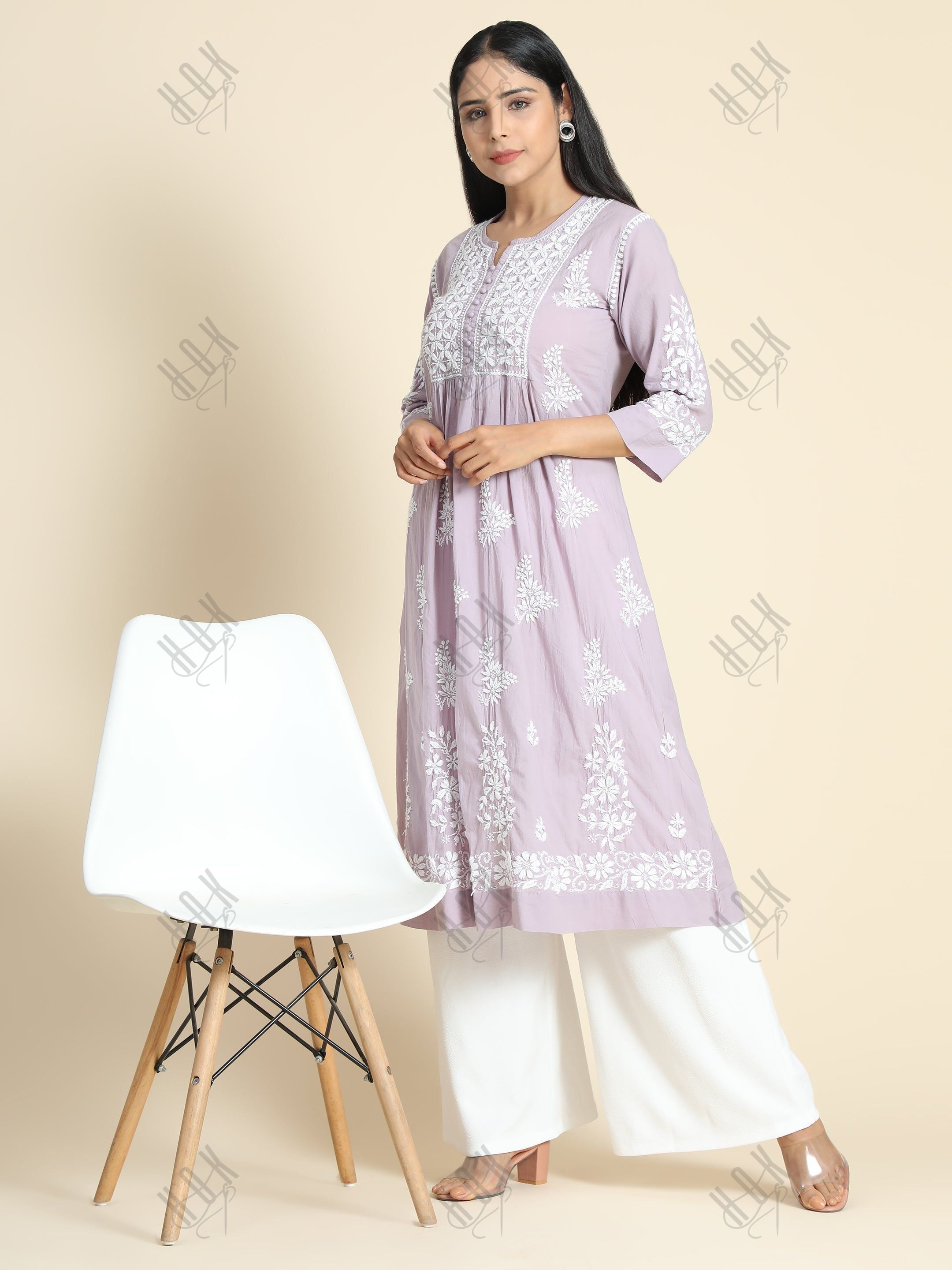 Nandini in Hand Embroidery Chikankari Long Kurti for Women | Stylish Casual | Fancy| Lavender & White-9