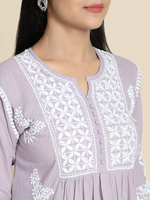 Nandini in Hand Embroidery Chikankari Long Kurti for Women | Stylish Casual | Fancy| Lavender & White-9