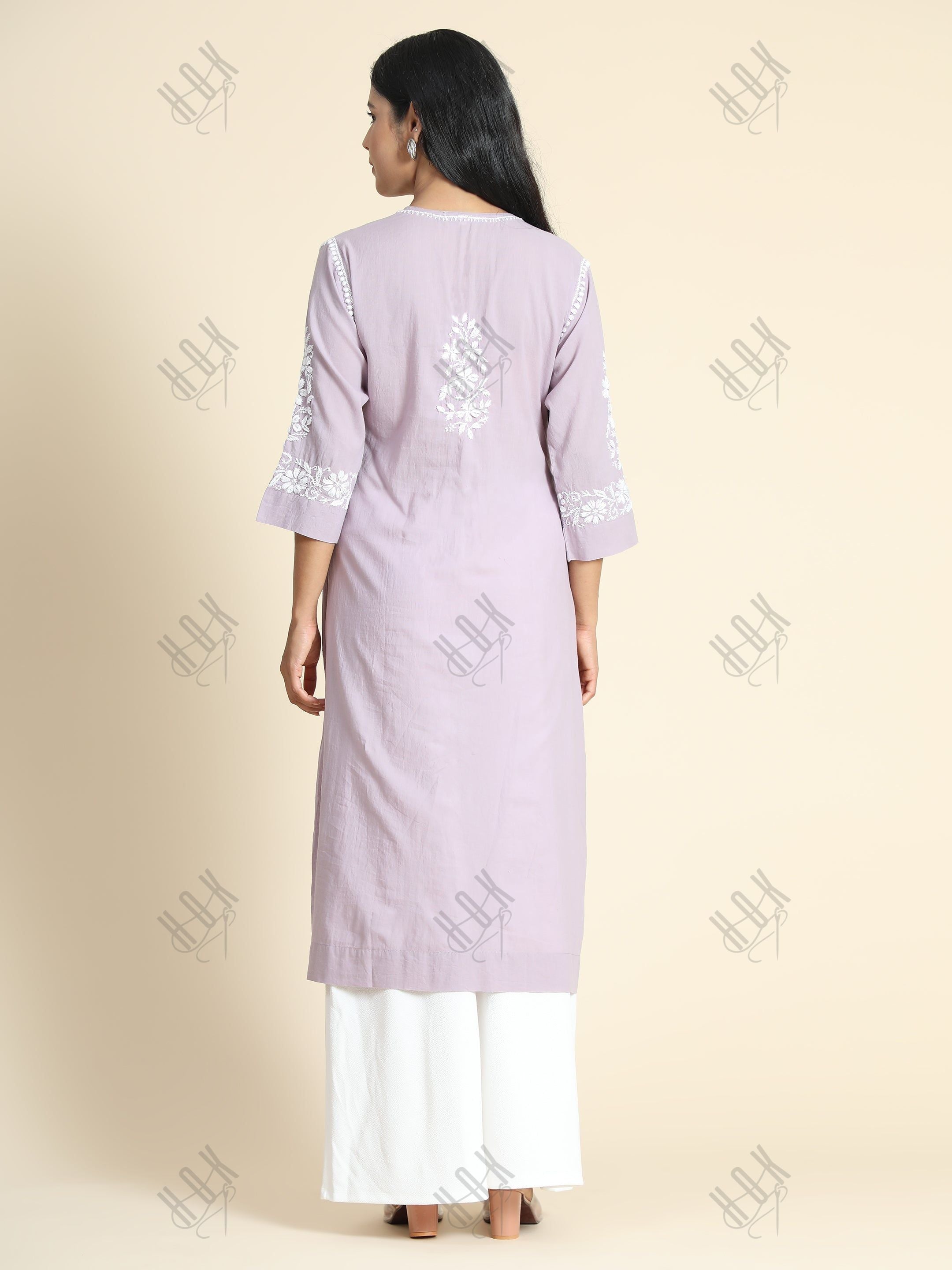 Nandini in Hand Embroidery Chikankari Long Kurti for Women | Stylish Casual | Fancy| Lavender & White-9