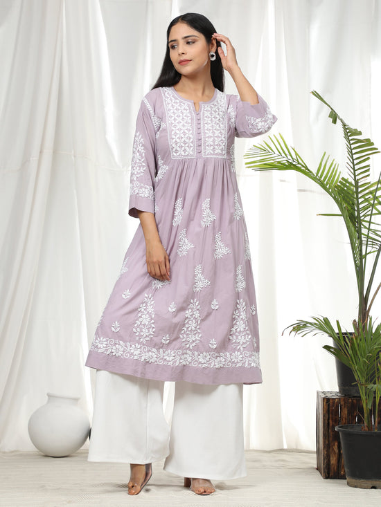 Load image into Gallery viewer, Nandini in Hand Embroidery Chikankari Long Kurti for Women | Stylish Casual | Fancy| Lavender &amp;amp; White-9
